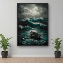 Övergiven båt i Stormy Vatten Ocean Art Poster