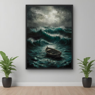 Övergiven båt i Stormy Vatten Ocean Art Poster