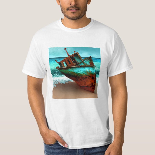 Övergiven båt på en sandstrand t shirt (Framsida)
