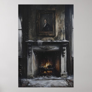 Övergiven eldstadsmantel med snö och porträtt poster