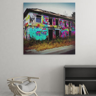 Övergiven hus med färgglada graffiti canvastryck