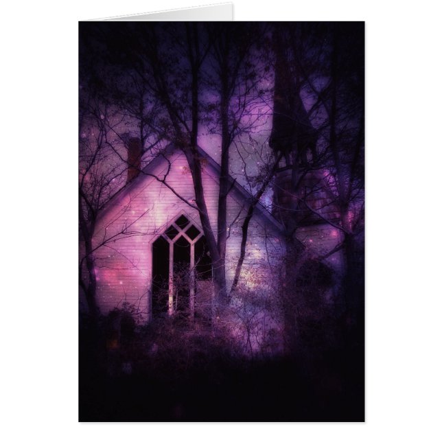 Övergiven kyrka Lila natt himmel Digital konst Hälsningskort (Framsidan)