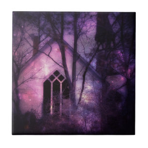 Övergiven kyrkans Lila Night Himlar Digital Art Kakelplatta