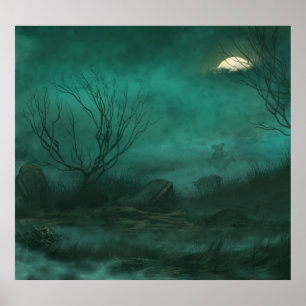 Övergiven kyrkogård Moonlit Nattscen Poster