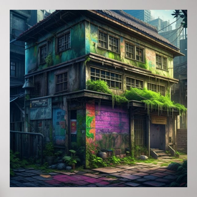 Övergiven lila graffiti-byggnad Urban förfall Poster (Framsidan)