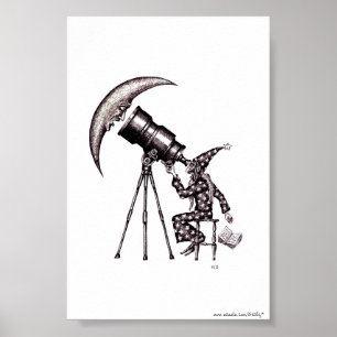 Overklig svartvit konst för astronom och för måne poster