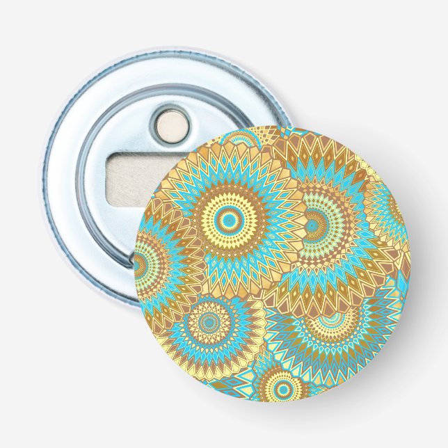 Överlappande Mandala Blå Brun Guld Flasköppnare (Framsidan)
