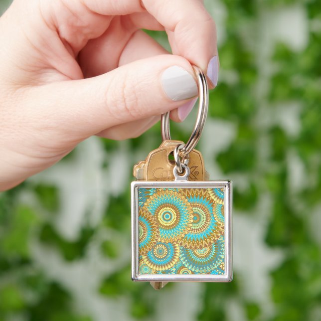 Överlappande Mandala Blå Brun Guld Fyrkantig Silverfärgad Nyckelring (Hand)