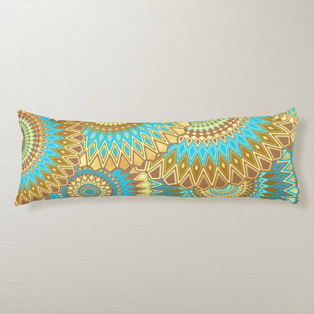 Överlappande Mandala Blå Brun Guld Kroppskudde (Framsidan)