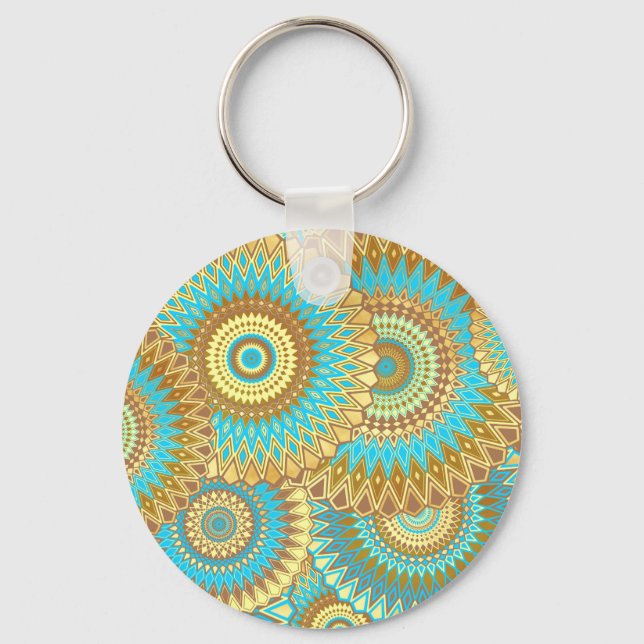 Överlappande Mandala Blå Brun Guld Nyckelring (Framsida)