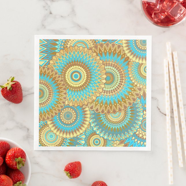 Överlappande Mandala Blå Brun Guld Pappersservett (Insitu)