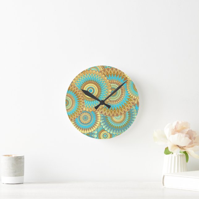 Överlappande Mandala Blå Brun Guld Rund Klocka (Hem)