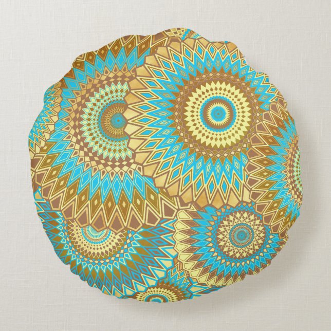 Överlappande Mandala Blå Brun Guld Rund Kudde (Baksidan)