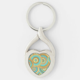 Överlappande Mandala Blå Brun Guld Twisted Heart Silverfärgad Nyckelring