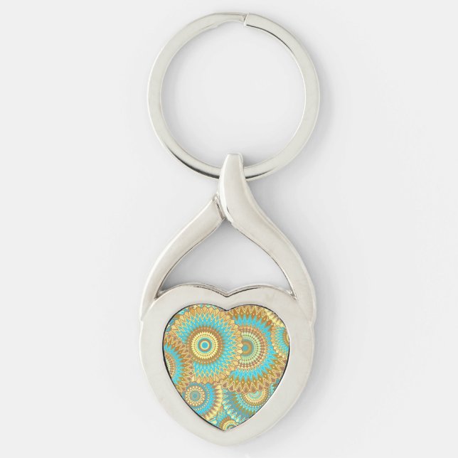 Överlappande Mandala Blå Brun Guld Twisted Heart Silverfärgad Nyckelring (Framsidan)