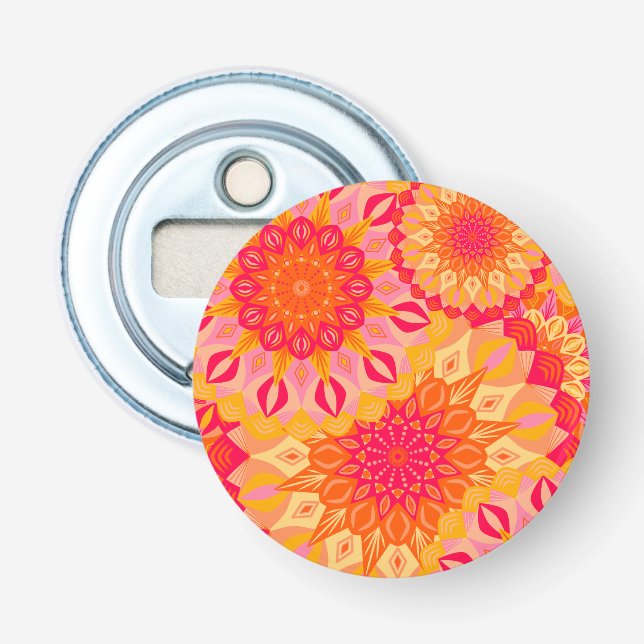 Överlappande Mandala Orange Rosa Gul Flasköppnare (Framsidan)