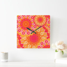 Överlappande Mandala Orange Rosa Gul Fyrkantig Klocka
