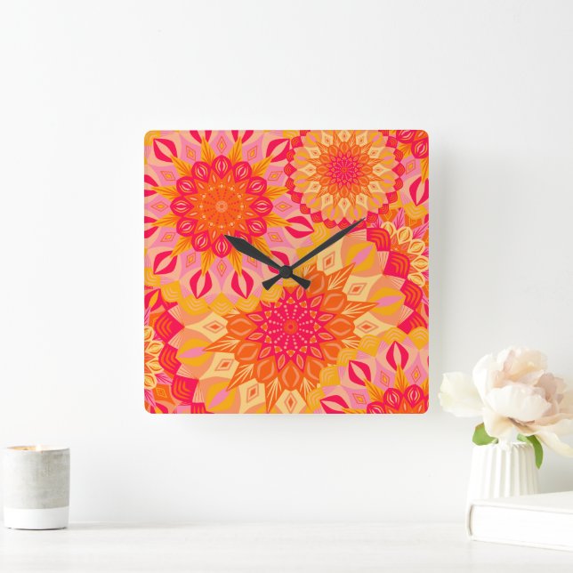 Överlappande Mandala Orange Rosa Gul Fyrkantig Klocka (Hem)