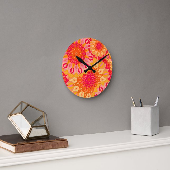 Överlappande Mandala Orange Rosa Gul Rund Klocka (Kontor)