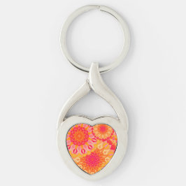 Överlappande Mandala Orange Rosa Gul Twisted Heart Silverfärgad Nyckelring