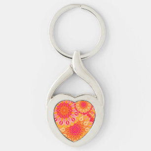 Överlappande Mandala Orange Rosa Gult Twisted Heart Silverfärgad Nyckelring
