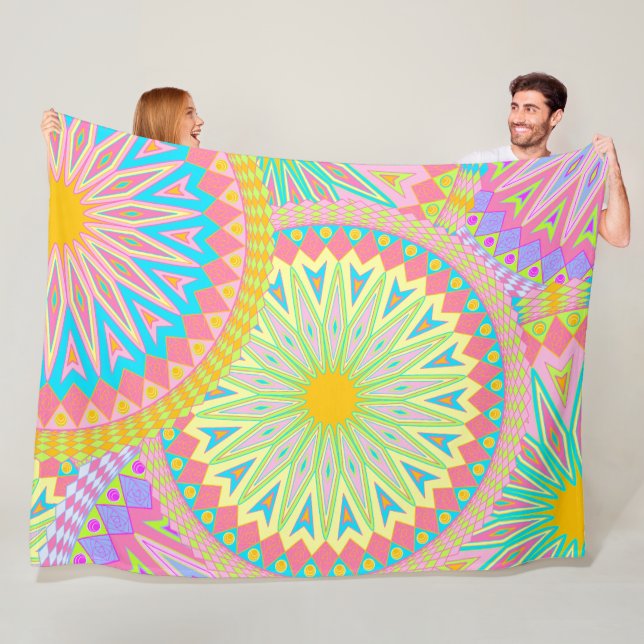 Överlappande Mandala Rosa Blå Gul Mint Lila Fleecefilt (På plats)