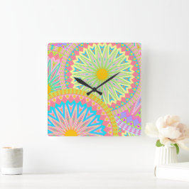 Överlappande Mandala Rosa Blå Gul Mint Lila Fyrkantig Klocka