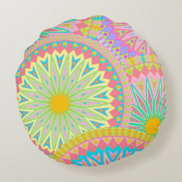 Överlappande Mandala Rosa Blå Gul Mint Lila Rund Kudde