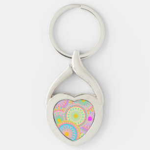 Överlappande Mandala Rosa Blå Gul Mint Lila Twisted Heart Silverfärgad Nyckelring