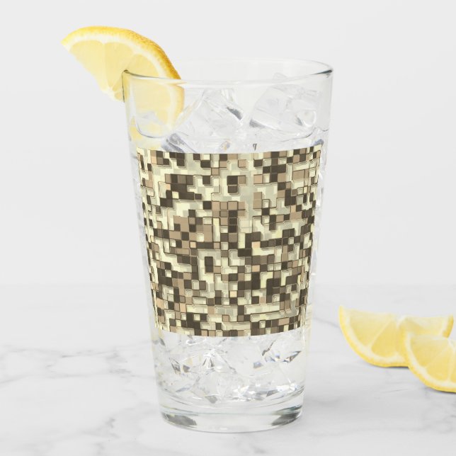 Överlappande små fyrkanter, bruna till beige-toner glaskopp (Framsida Ice)