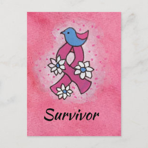 Överlevande Bröstcancer Rosa Band Fågel Blommor Vykort