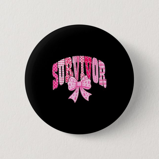 Överlevande Rosa Band Rosa Coquette Bow Bröstcance Knapp (Framsida)