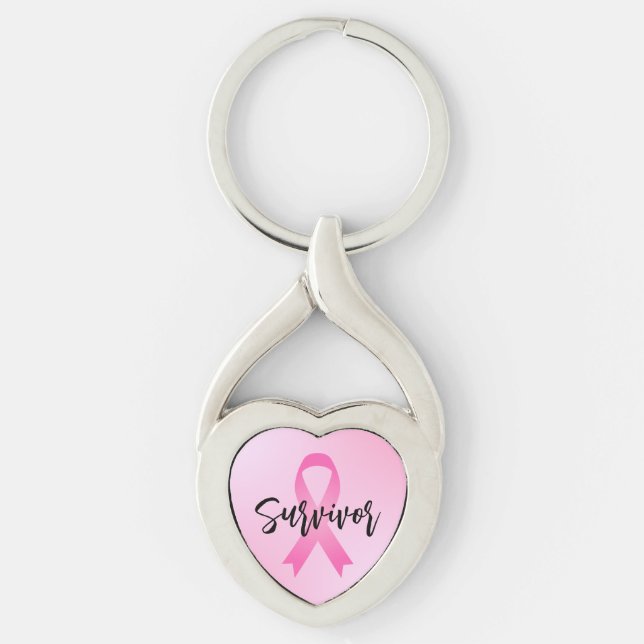 Överlevare Rosa Bröstcancer Twisted Heart Silverfärgad Nyckelring (Framsidan)