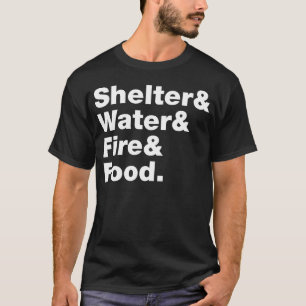 Överlevnads Shelter Vatten Eld Mat 70s pojke T Shirt