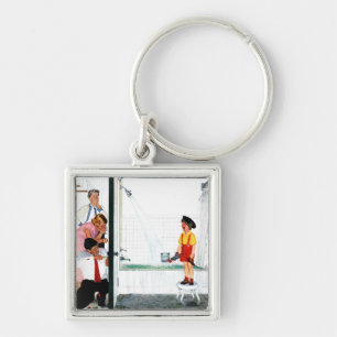 Överlopp badar fyrkantig silverfärgad nyckelring