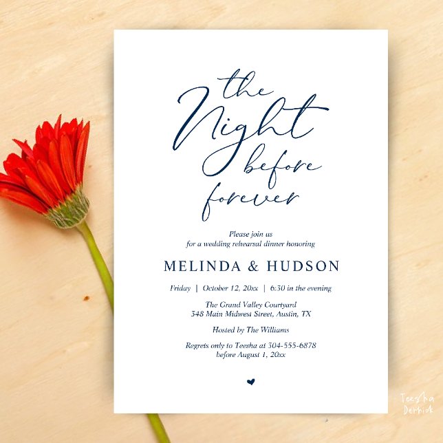 Övernatten före den eviga romantiska repetitionen  inbjudningar (Modern Romantic Wedding Rehearsal Dinner The Night Before Forever Invites Card in Navy Blue)