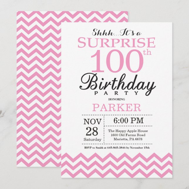 Överraska 100-årsdag Rosa Chevron Inbjudningar (Fram/baksida)