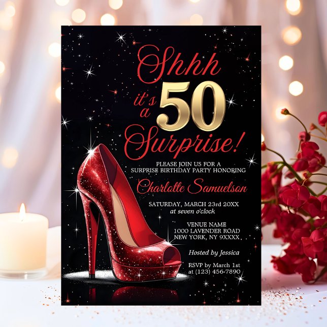 Överraska 50-års FÖDELSEDAG Guld Röda Höga Klackar Inbjudningar (Shhh it's a Surprise 50th BIRTHDAY Gold Red High Heels Fifty Invitation)