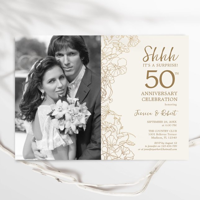Överraska 50-årsjubileum med foto - Guldblommor Inbjudningar (Skapare uppladdad)
