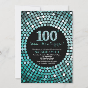 Överraskad 100:e födelsedag Black and Teal Glitter Inbjudningar