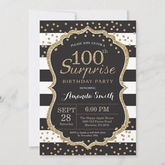 Överraskad 100:e födelsedagsinbjudan. Guld Glitter Inbjudningar (Framsida)