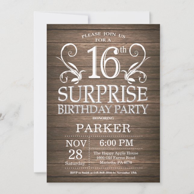 Överraskad 16:e födelsedagsinbjudan Rustic Wood Inbjudningar (Framsida)