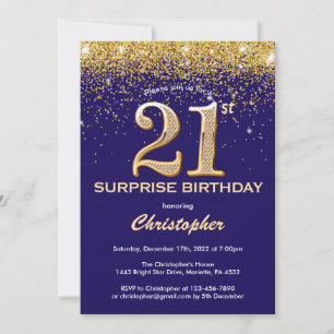 Överraskad 21:a födelsedag blått och Guld Glitter Inbjudningar