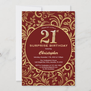 Överraskad 21:a födelsedag Burgundy Red & Guld Blo Inbjudningar