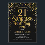 Överraskad 21:a födelsedag Party - Svarta & Guld Inbjudningar<br><div class="desc">Överraskad inbjudan till 21:a födelsedagspartiet. Utformning av eleganten i svart och faux glitter guld. Innehåller typsnitt och konfiguration för snyggt av skript. Berätta om du behöver anpassningsbarnas ålder.</div>