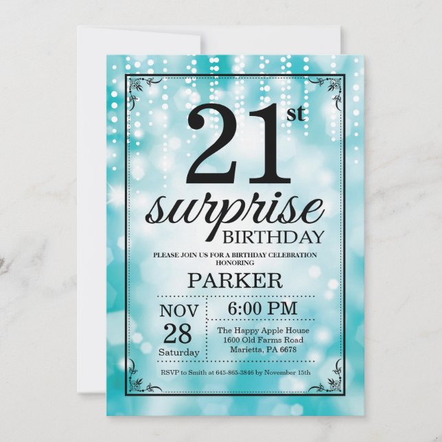Överraskad 21:a födelsedagsinbjudan Teal Glitter Inbjudningar (Framsida)