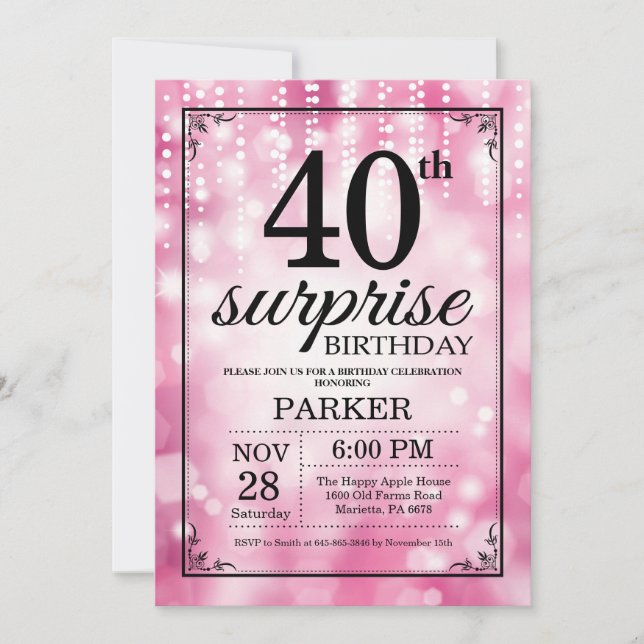 Överraskad 40-dagars inbjudan till Rosa Glitter (Framsida)
