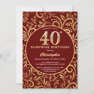 Överraskad 40:e födelsedag Burgundy Red & Guld Blo Inbjudningar