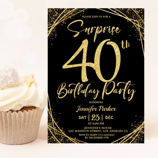 Överraskad 40:e födelsedag Party Chic Black & Guld Inbjudningar (Skapare uppladdad)