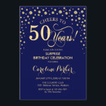 Överraskad 50:e Födelsedagsfesten - marinblå Guld Inbjudningar<br><div class="desc">Överraskande 50 Födelsedagsfest inbjudan. Elegantens utformning i marinblått och faux glitter guld. Med skriptteckensnitt och diamanter konfigureras. Skål för 50 år! Berätta om du behöver anpassa dig ytterligare.</div>